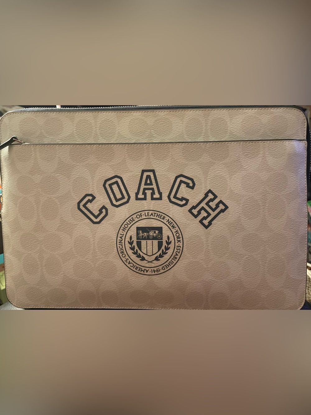 Coach Beige Signature Canvas Laptop Sleeve with Crest Logo